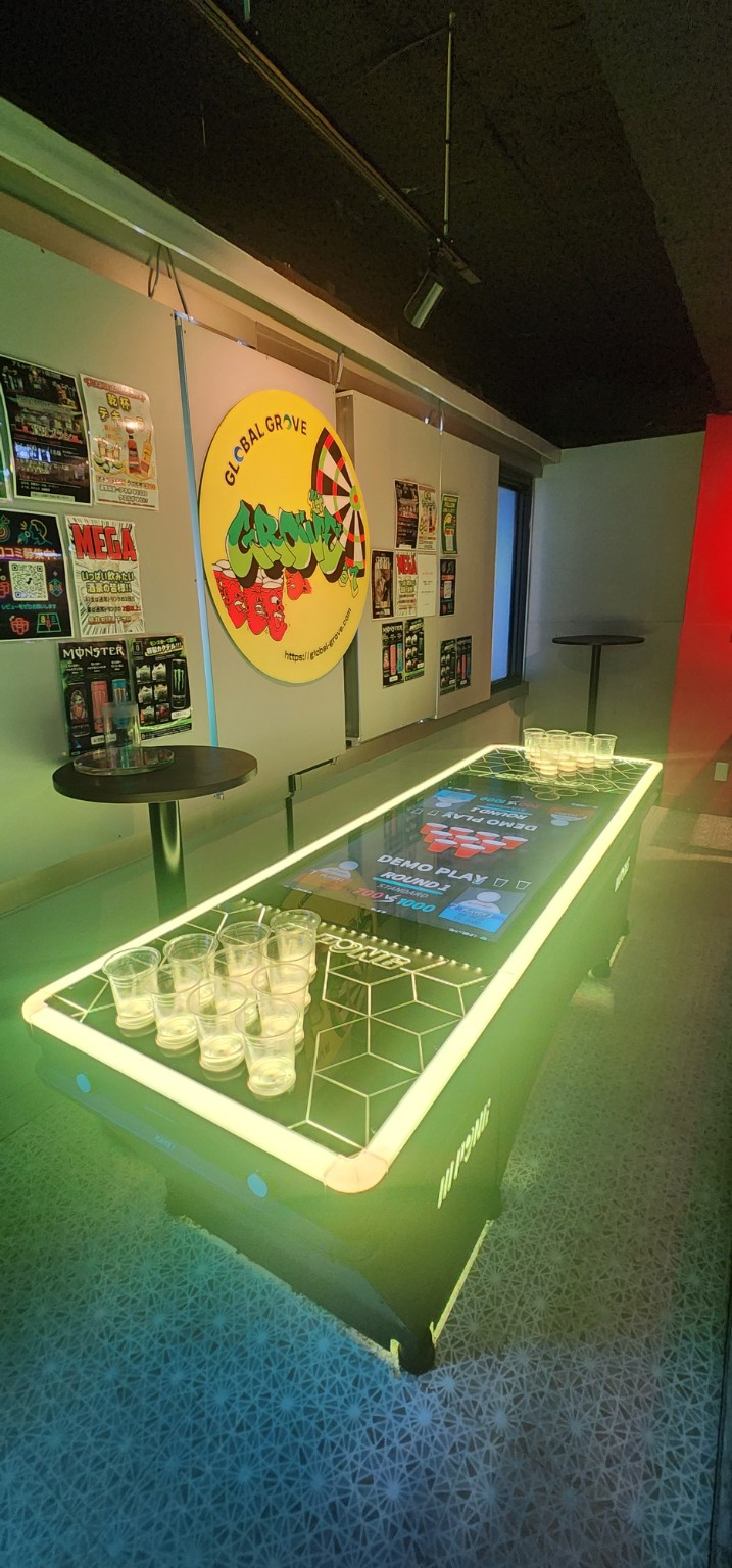 Illuminated beer pong table at GROVE Shibuya